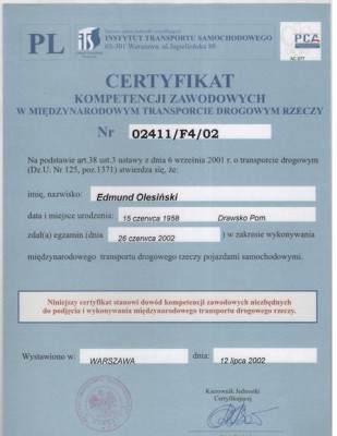 Certyfikat kompetencji zawodowych w międzynarodowym transporcie drogowym